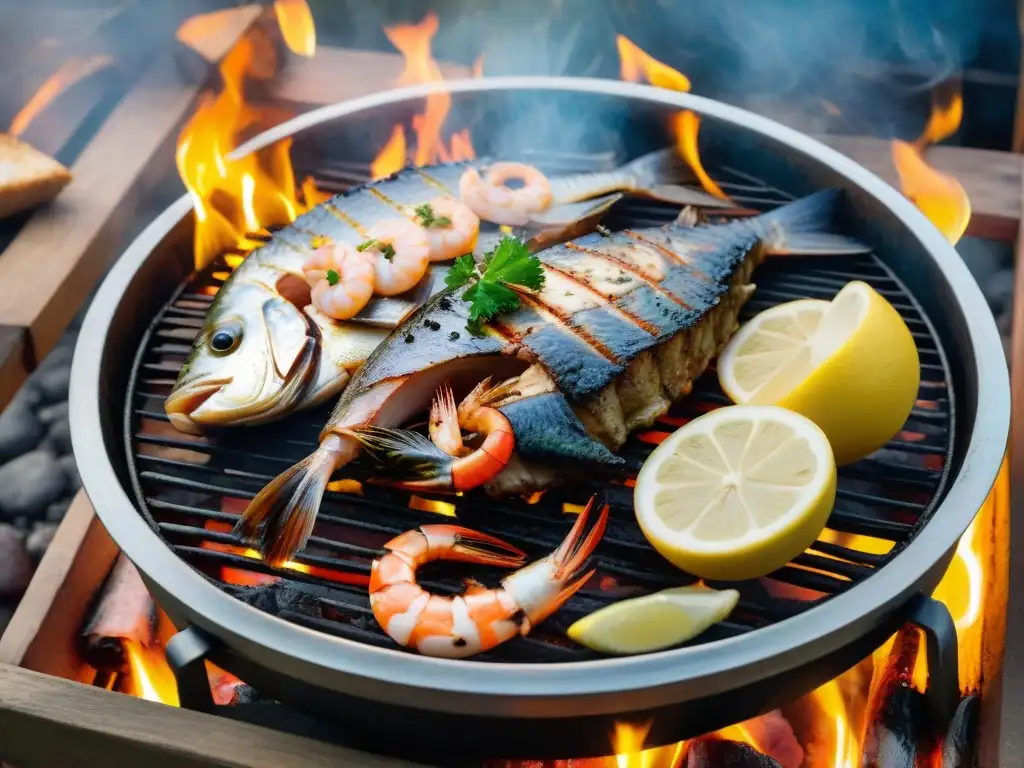 Un asado uruguayo vibrante con pescado en la parrilla uruguaya, acompañado de mariscos frescos y un ambiente rústico acogedor