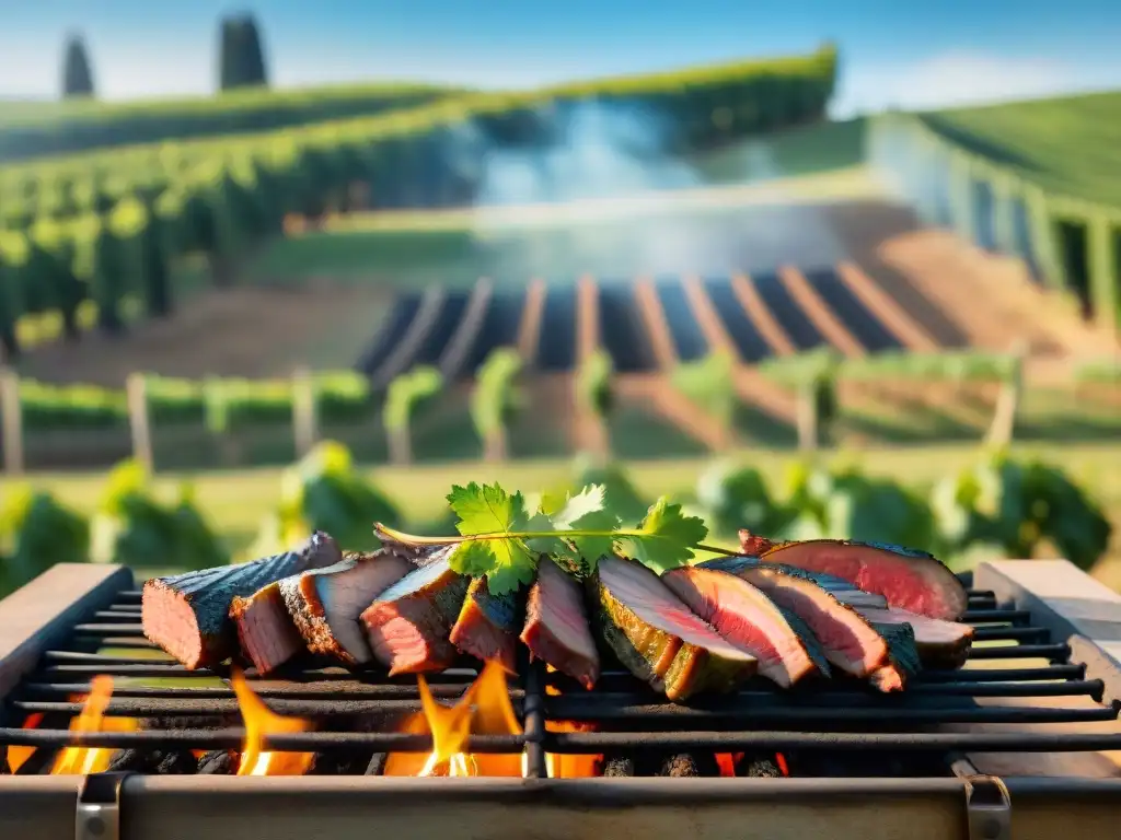 Un asado uruguayo en viñedo al atardecer, amigos y familia disfrutan vinos de autor con carnes a la parrilla