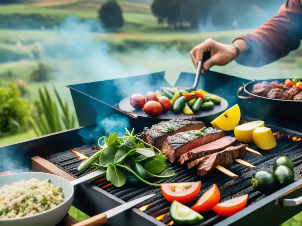 Disfrutando un asado vegano en Uruguay, con amigos y familia bajo el cielo azul y comida deliciosa en la parrilla