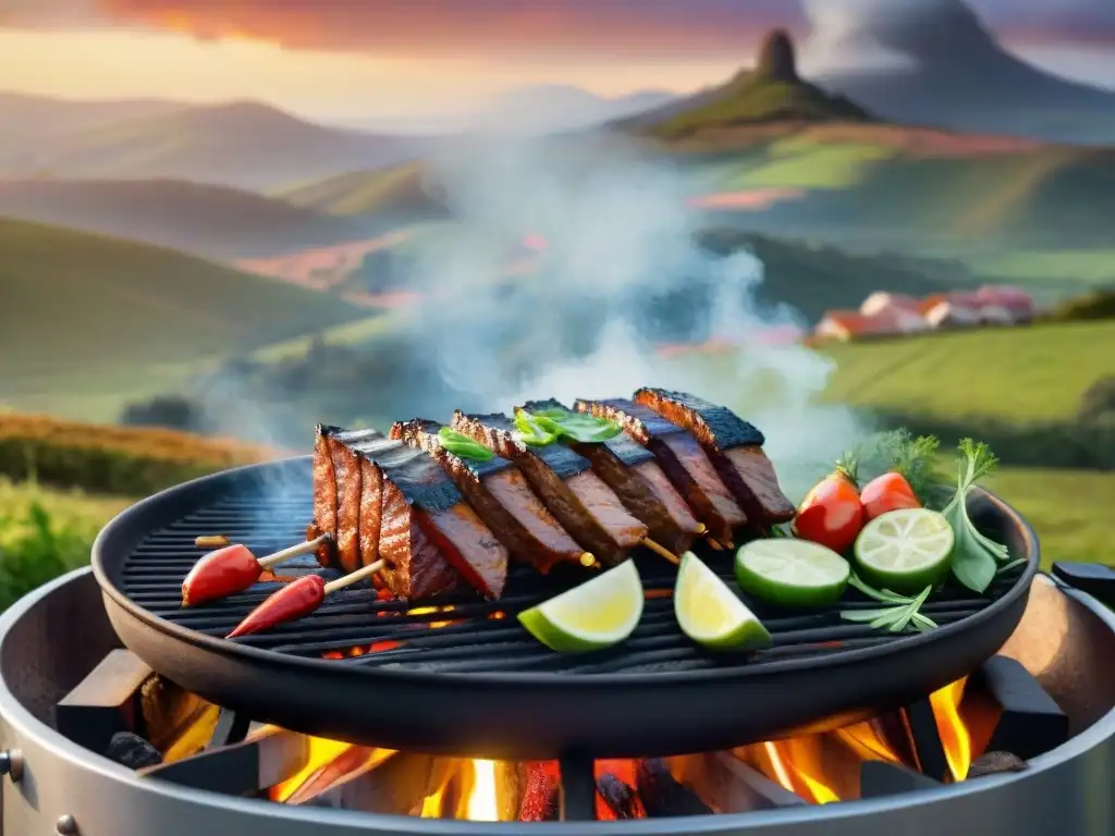 Un asado vegano en el campo al atardecer con chorizos y vegetales a la parrilla