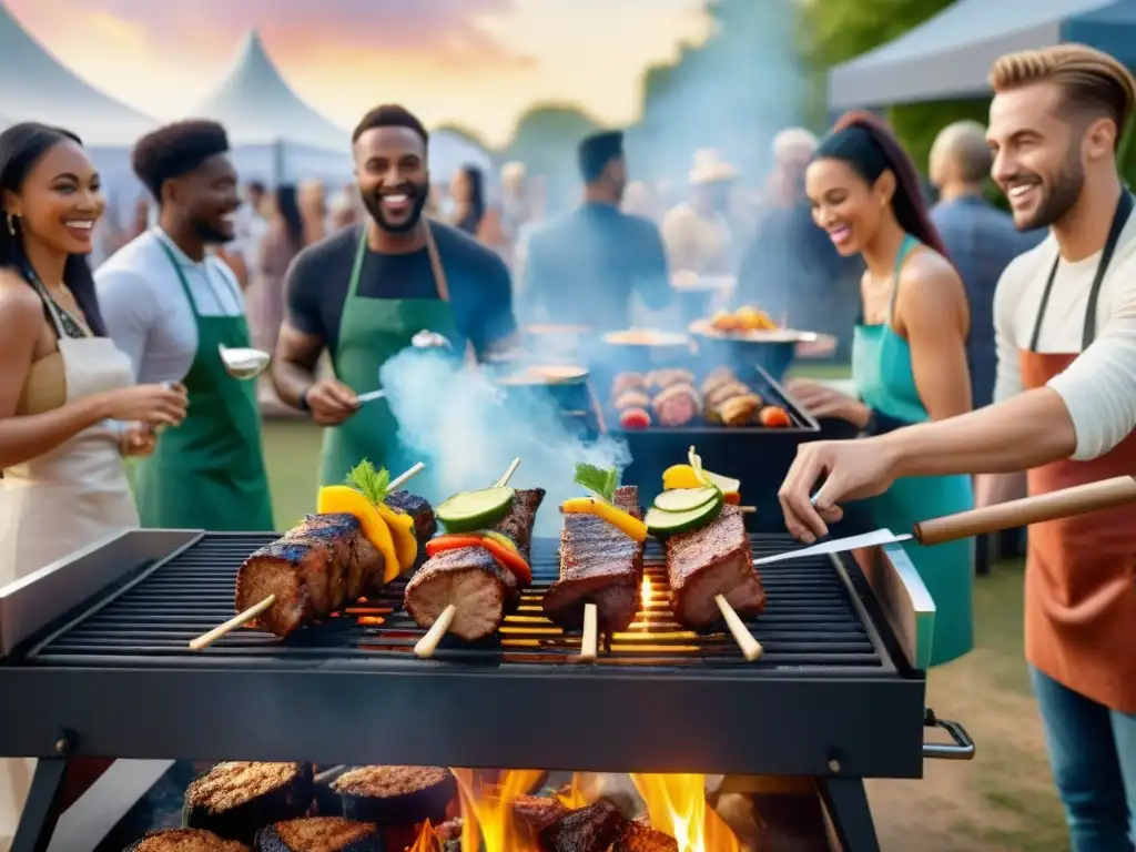 Un asado vegano innovador en un parque al atardecer, con platos coloridos y humeantes, rodeado de personas felices