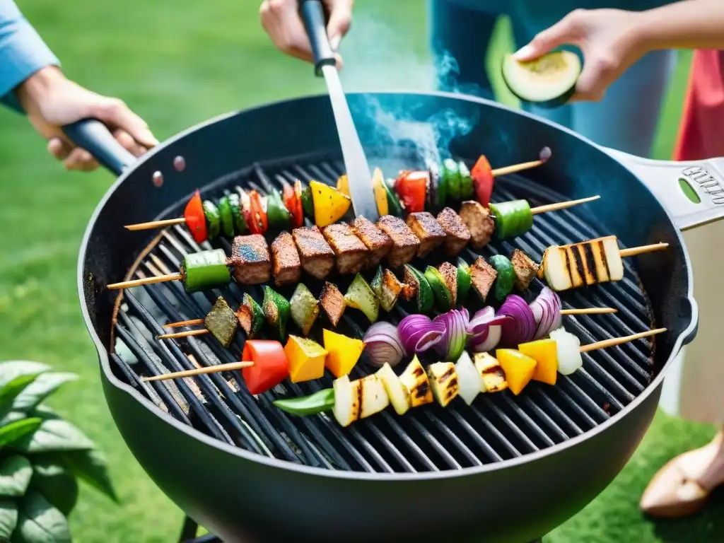 Un asado vegano con kebabs coloridos y vegetales a la parrilla, en un jardín soleado con amigos felices