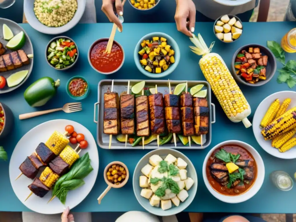 Un asado vegano lleno de color y sabor en un ambiente festivo con amigos y familia