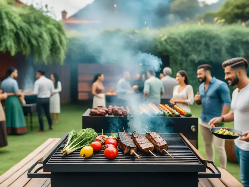 Un asado vegano en Uruguay: moderna parrillada al aire libre con diversidad de personas y alimentos en una escena vibrante