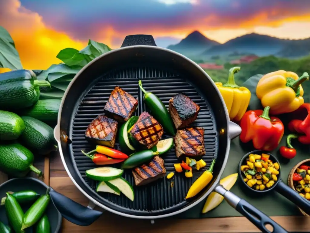 Un asado vegano con seitan, maíz, pimientos, calabacín y champiñones bajo el atardecer en Uruguay