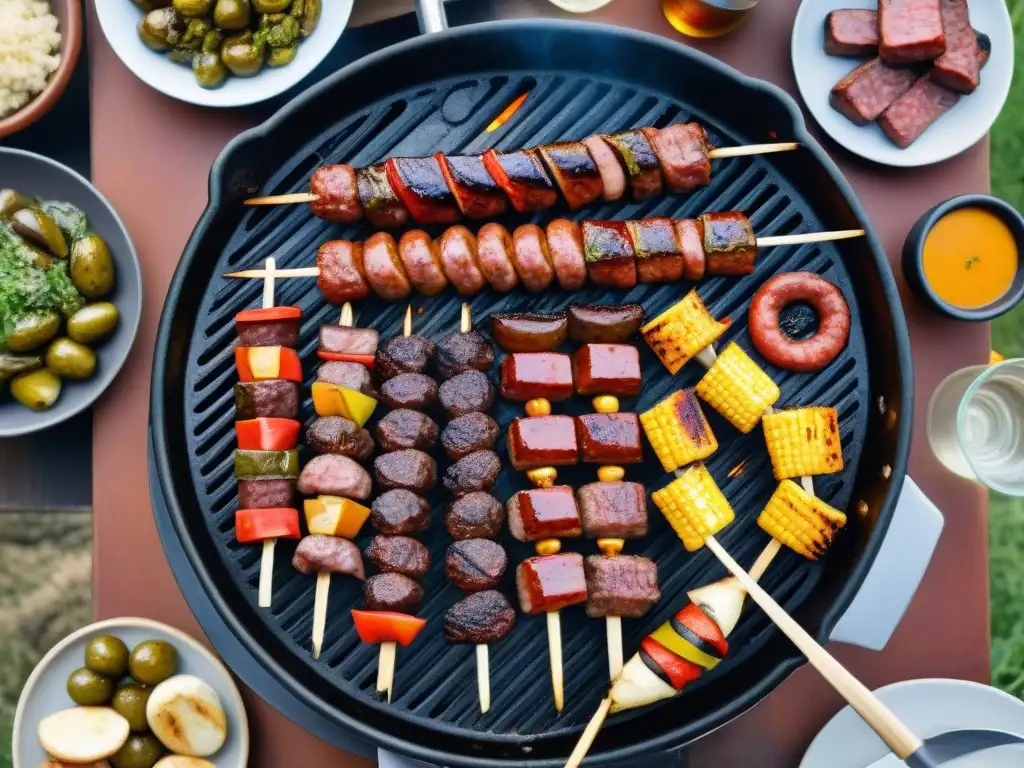 Un asado vegano uruguayo con amigos disfrutando del festín al atardecer