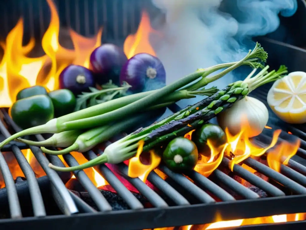 Un asado vegano en Uruguay: Verduras coloridas chisporrotean en la parrilla, humeantes y llenas de sabor