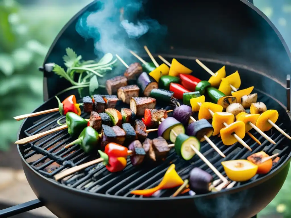 Un asado vegano vibrante y apetitoso, con brochetas de verduras y salchichas a la parrilla en un entorno natural