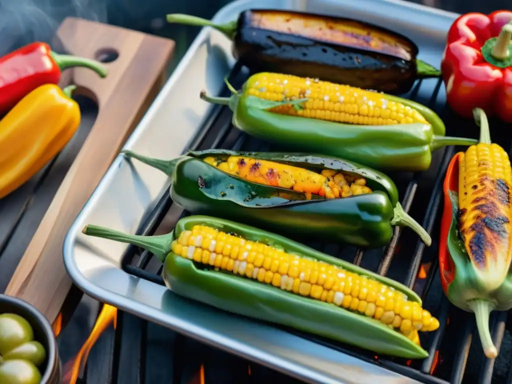 Un asado vegetariano punto perfecto en una parrilla vibrante y colorida, con verduras caramelizadas y aroma a hierbas frescas