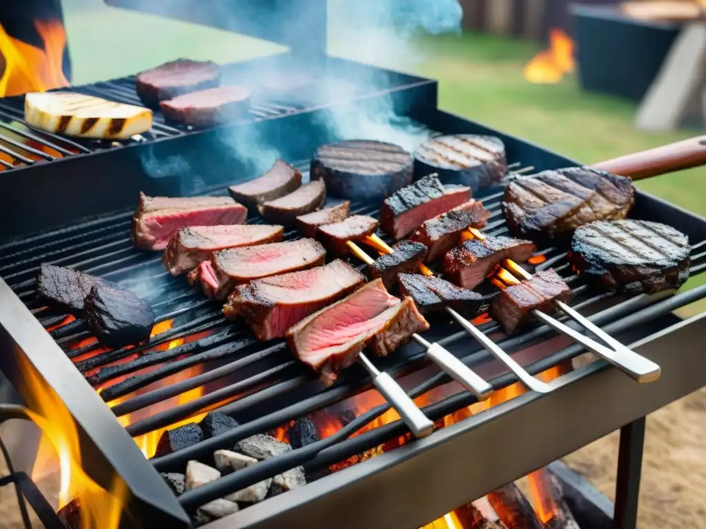 Un asado de venado gourmet en Uruguay: amigos disfrutan la parrilla detallada bajo una luz cálida y humo ascendente