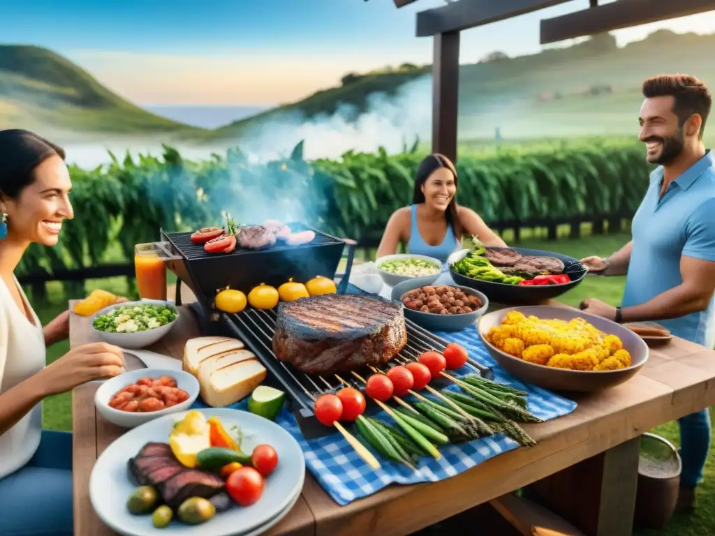 Un asado vibrante al aire libre en Uruguay con amigos y familiares sonrientes disfrutando de una mesa bellamente decorada