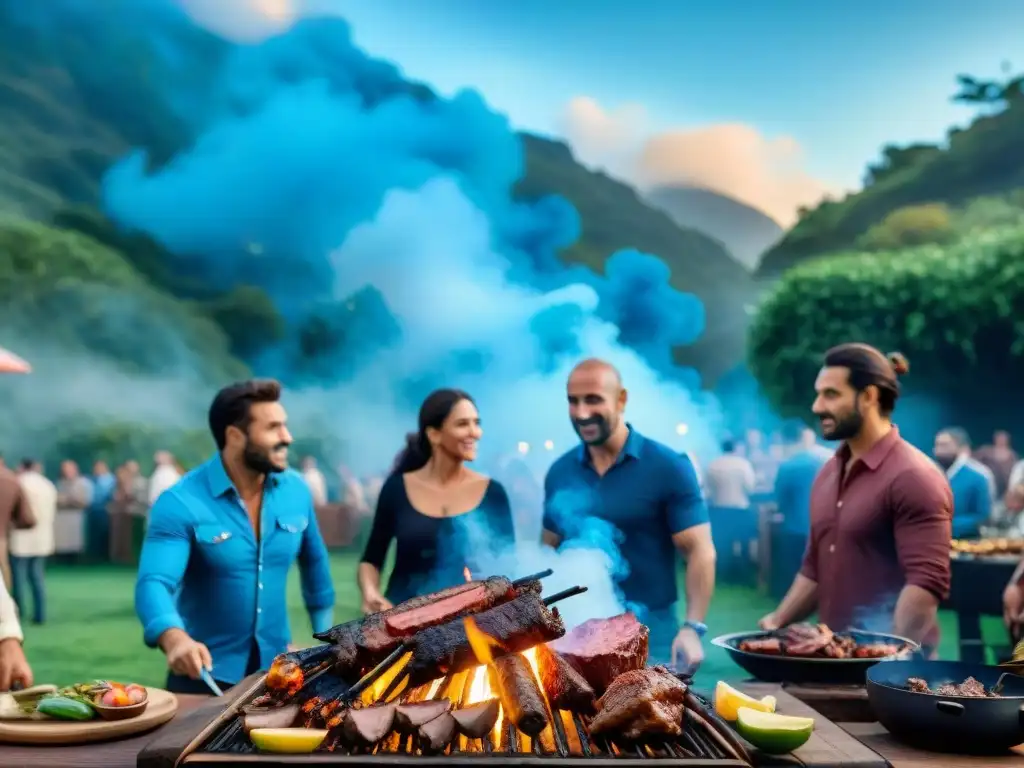 Un asado vibrante al aire libre en Uruguay, con carne sizzling en una parrilla tradicional y grupo diverso disfrutando del evento