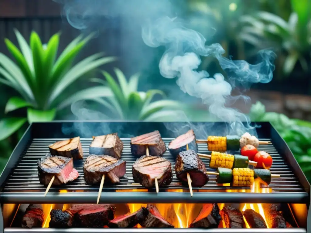 Asador al aire libre en la selva tropical con carnes exóticas para asar