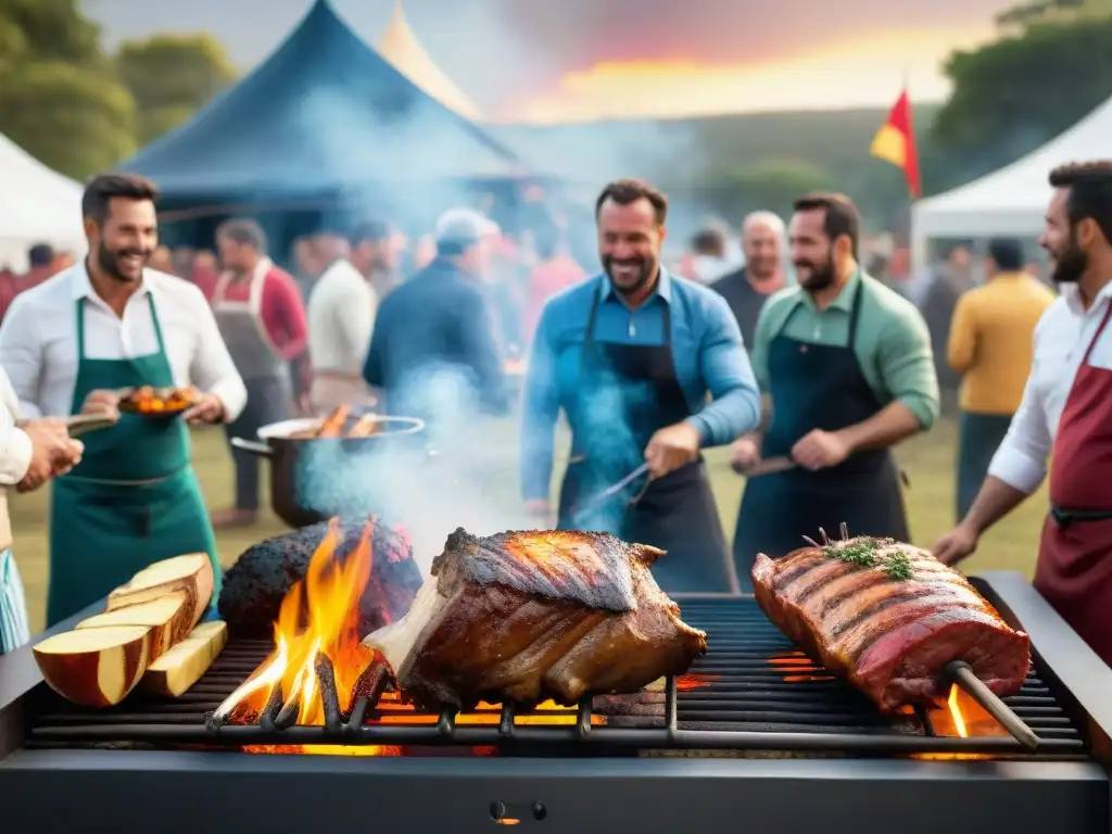 Un asador hábil preparando un asado uruguayo en competencia, rodeado de espectadores y patrocinadores, en un ambiente vibrante al atardecer