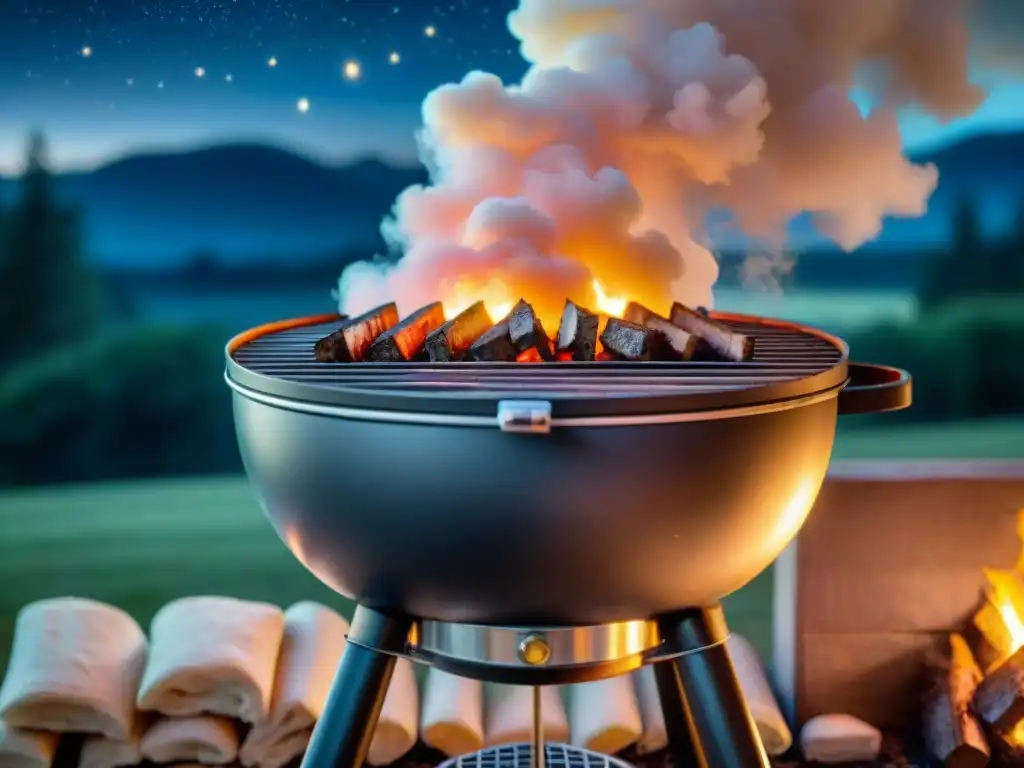 Un asador de carbón iluminado bajo un cielo estrellado, creando un ambiente cálido y acogedor para un asado nocturno