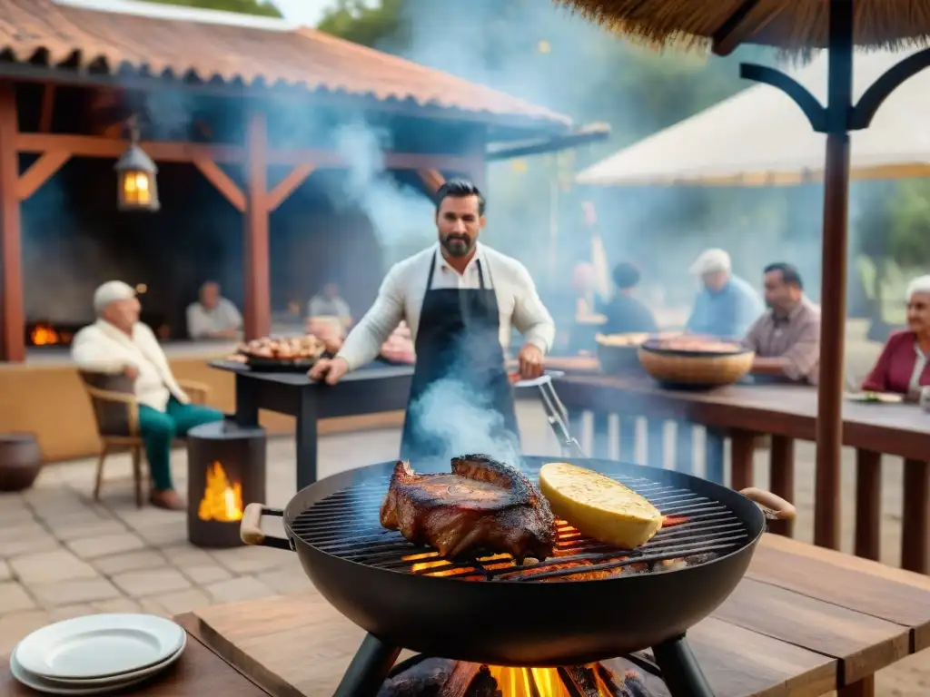 Eduardo, el asador, experto en tradición uruguaya, prepara un asado mientras los presidentes y la historia observan