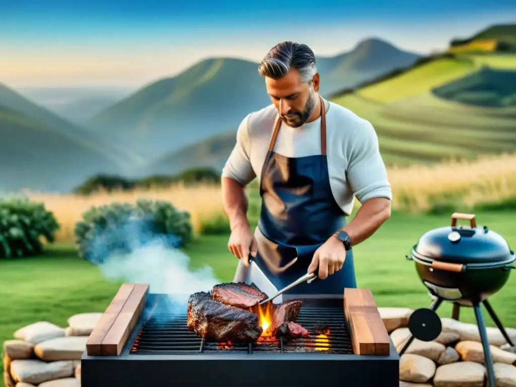 Un asador experto preparando un asado uruguayo tradicional en un paisaje campestre pintoresco