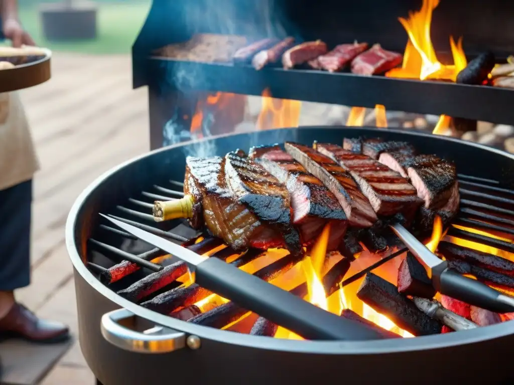 Un asador experto prepara un asado uruguayo en una parrilla tradicional al aire libre