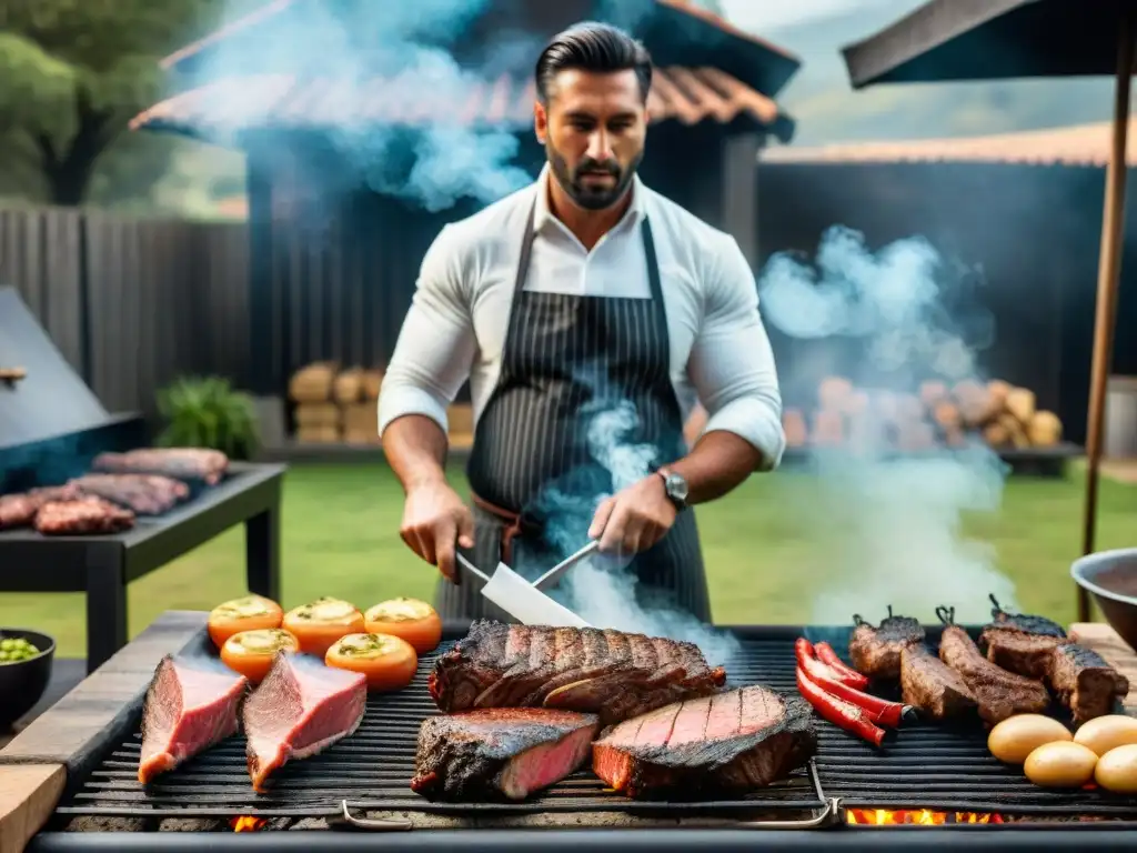 Un asador experto prepara un asado uruguayo en un entorno natural