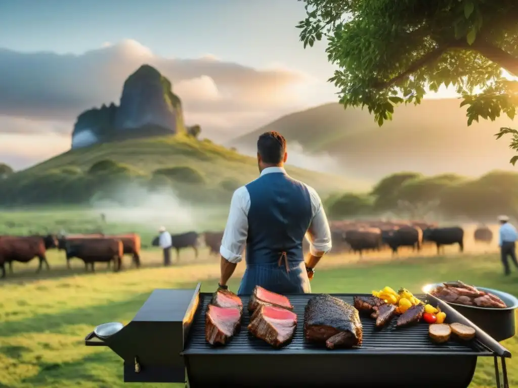 Un asador experto preparando asados de lujo en Uruguay al atardecer