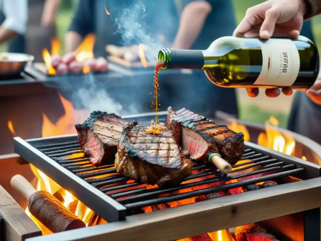 Un asador experto en acción, sazonando carne sobre una parrilla uruguaya