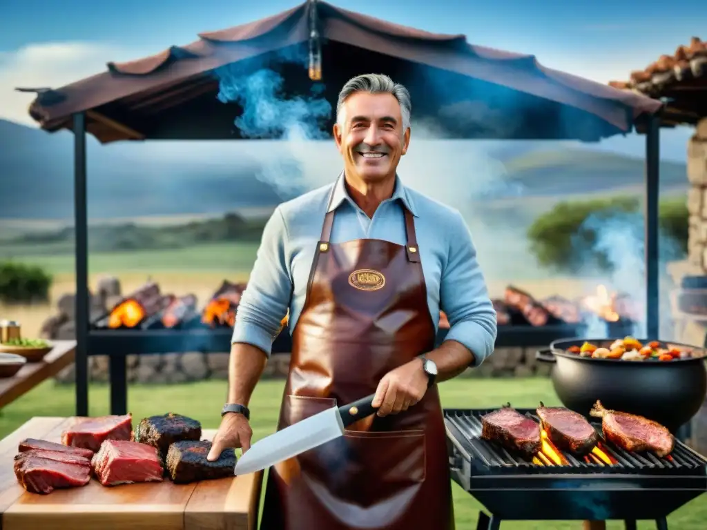 Un asador experto certificado en asado uruguayo, orgulloso frente a una parrilla cargada de carne premium y chorizos, bajo un cielo azul