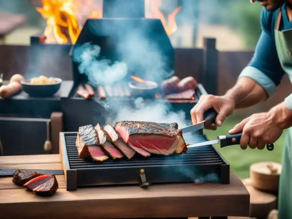 Un asador experto afila su cuchillo con el mejor afilador, lista para preparar un delicioso asado uruguayo