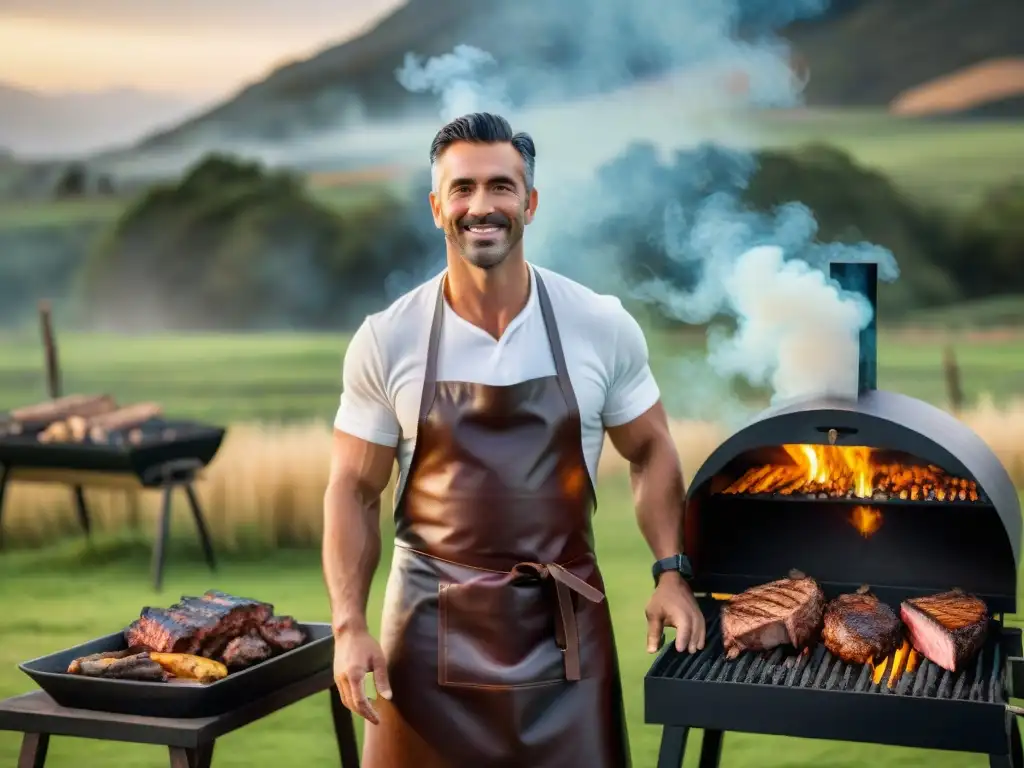 Un asador experto en Uruguay junto a un asador tradicional, rodeado de un paisaje pintoresco