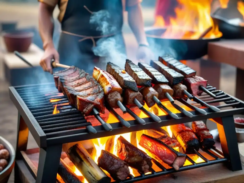 Un asador experto cuida una parrilla uruguaya con cortes de carne, rodeada de llamas y un atardecer dorado