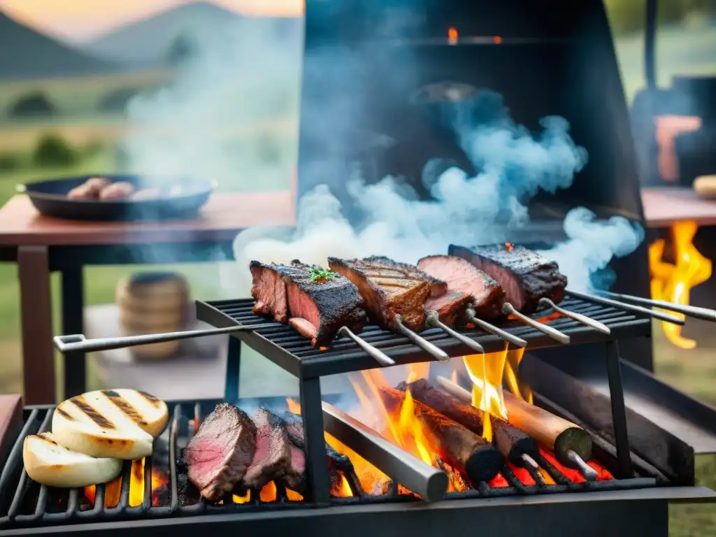 Un asador experto utiliza pinzas de precisión en un asado uruguayo al aire libre