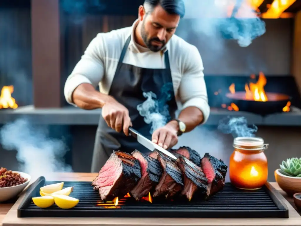 Un asador experto tallando suculentas rebanadas de asado uruguayo, con técnicas de asado uruguayo, en un entorno mágico de parrilla y humo