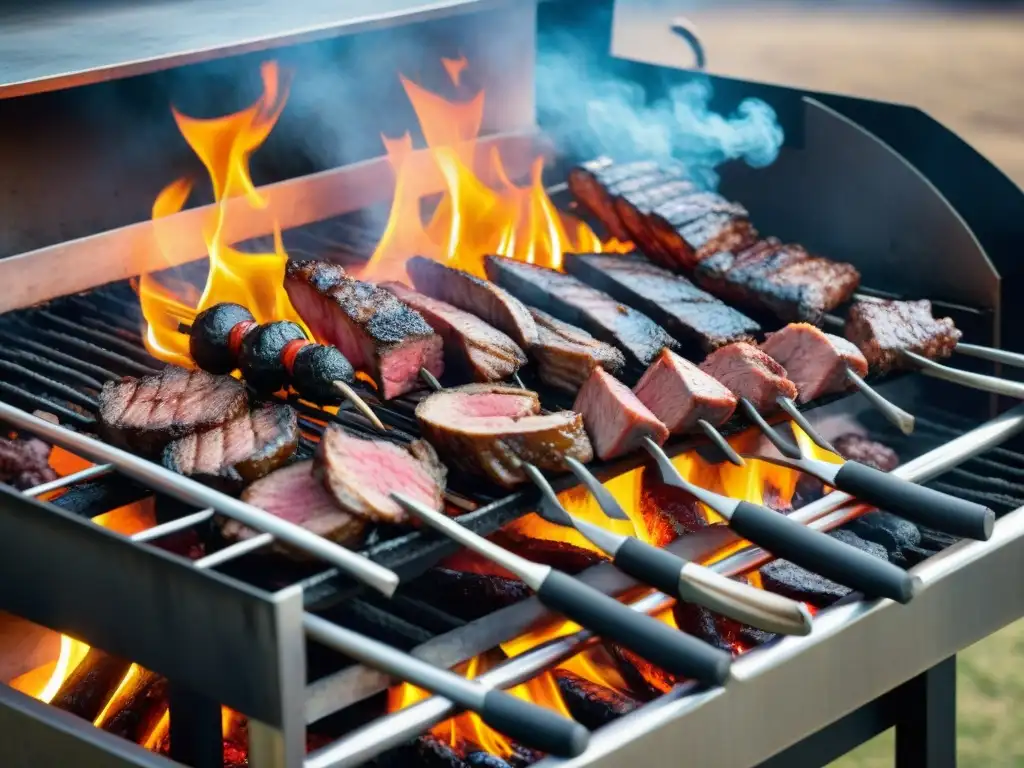 Un asador experto controla la temperatura para asado en una parrilla uruguaya cargada de carne jugosa y llamas danzantes