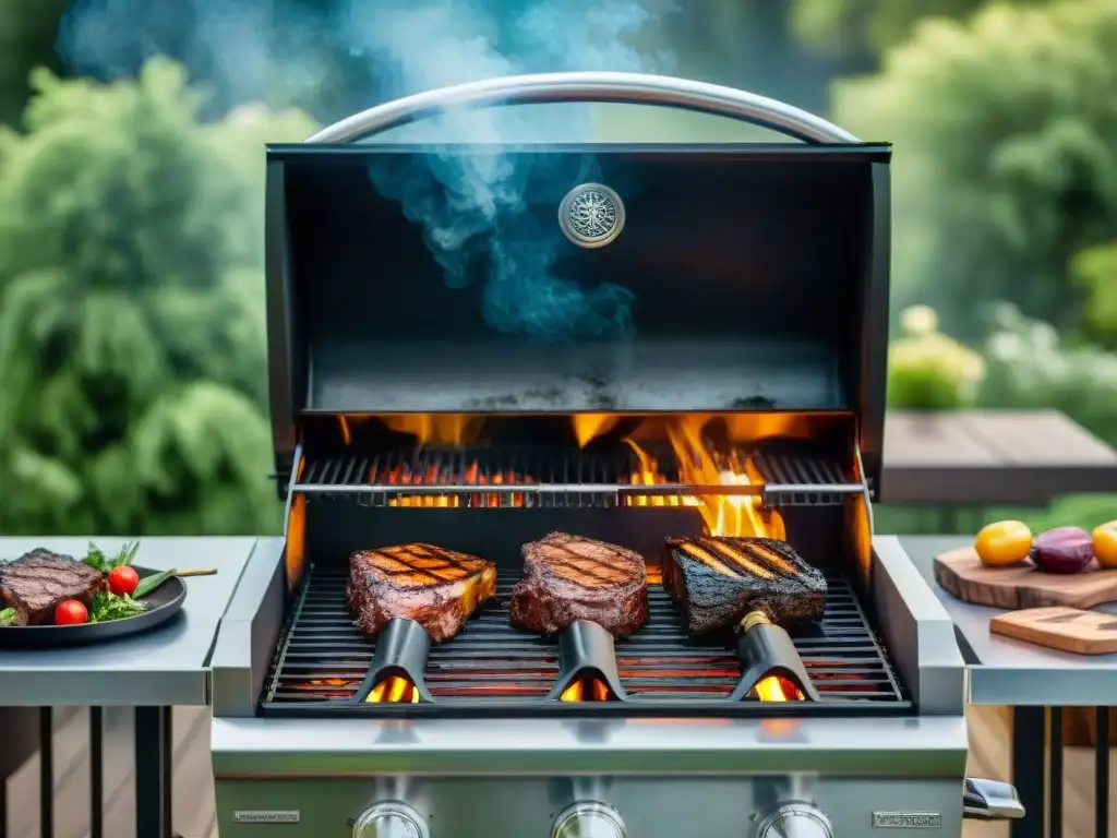 Un asador de carbón moderno con ventiladores integrados, rodeado de cortes de carne y humeante, en un patio acogedor