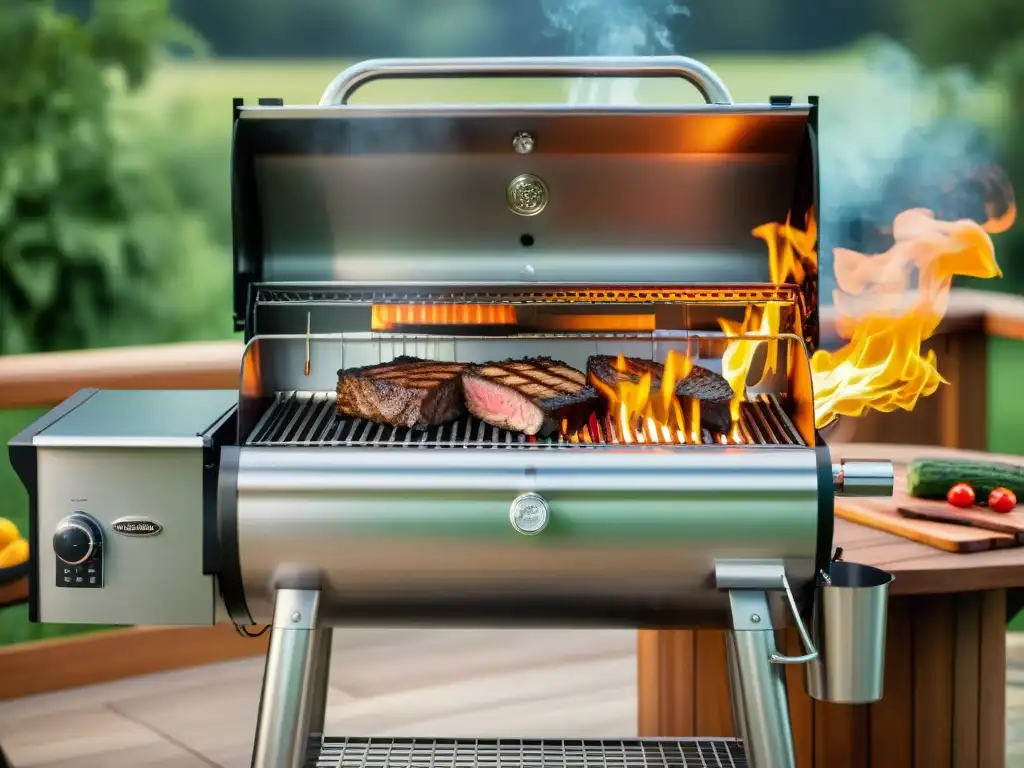 Un asador de pellets de acero inoxidable rodeado de accesorios premium, en un ambiente de barbacoa perfecta