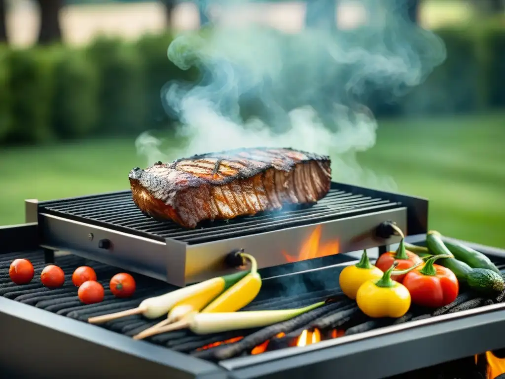 Un asador reluciente de acero inoxidable bajo el sol, listo para un festín al aire libre