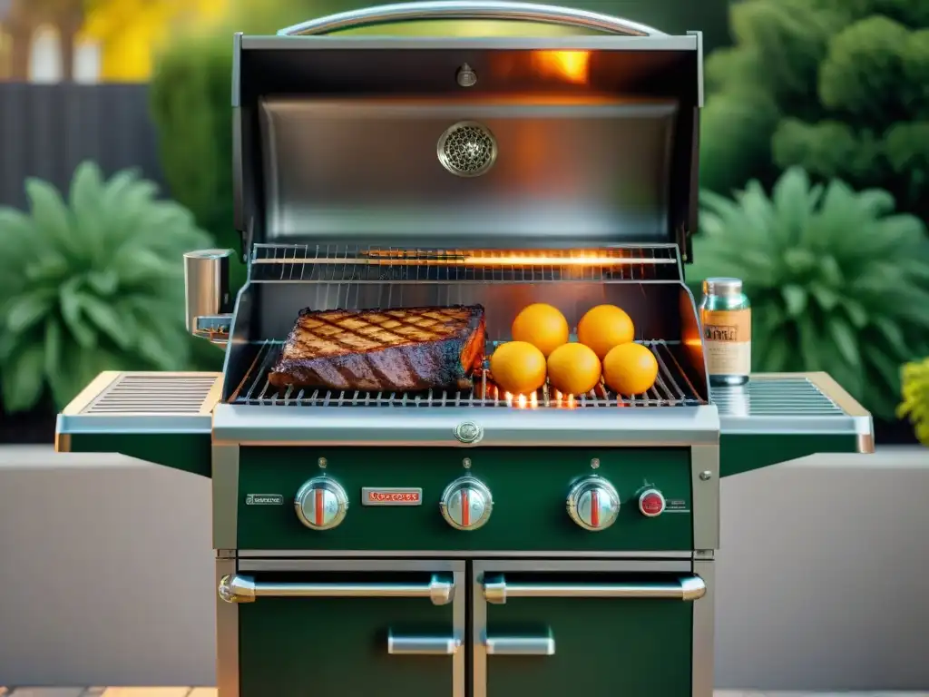 Un asador reluciente en un jardín exuberante, bañado por la cálida luz del sol