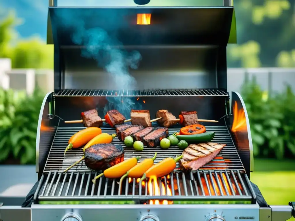 Un asador reluciente con llamas y alimentos frescos asándose, en un jardín verde y cielo azul