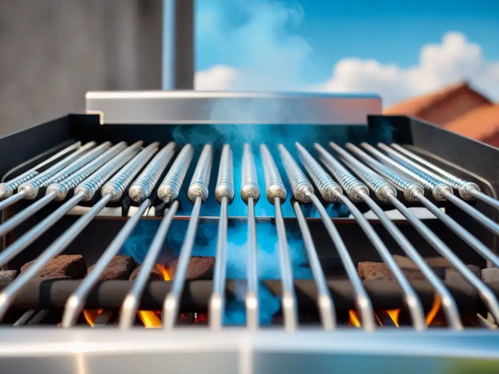 Asador reluciente bajo el sol, reflejando el cielo azul y nubes blancas