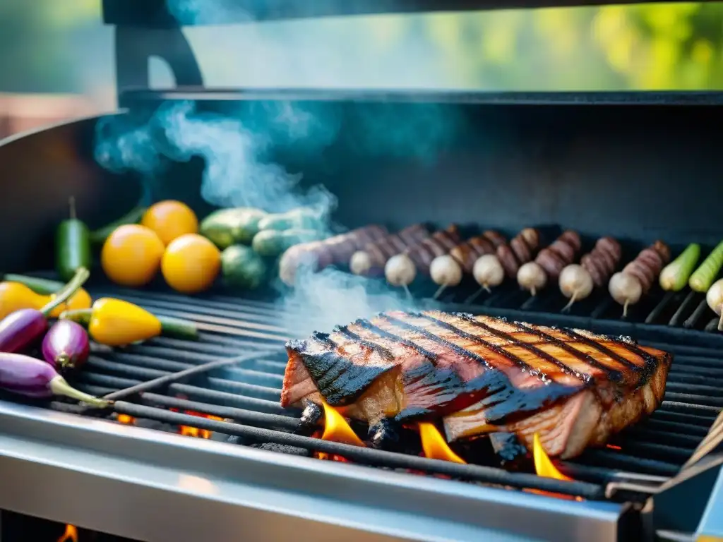 Un asador reluciente bajo el sol, reflejando colores vibrantes de alimentos frescos y marinados