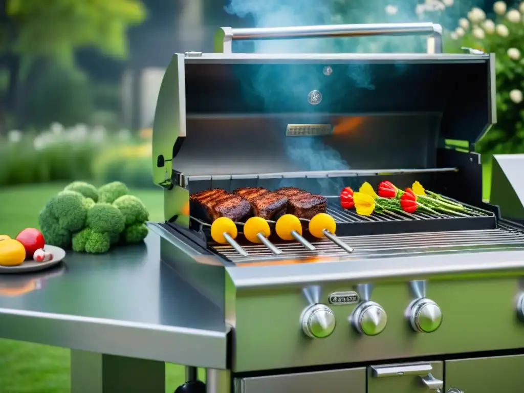 Un asador reluciente bajo el sol, detallado y preciso, en un jardín verde y acogedor