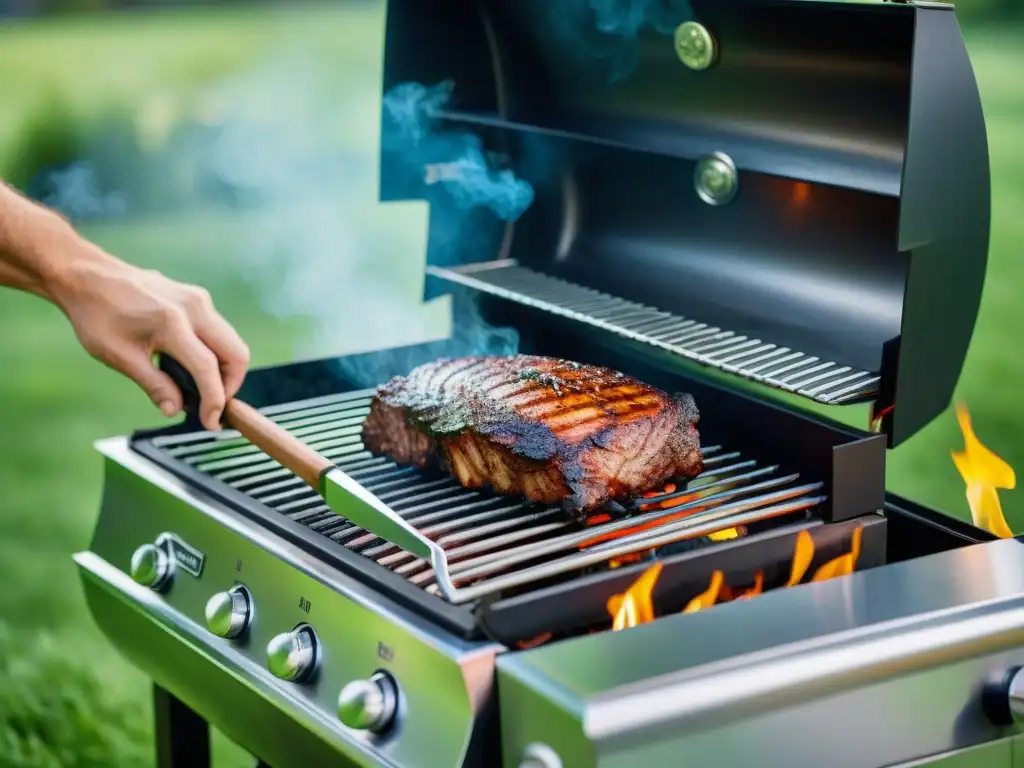 Un asador reluciente al sol, detallado y bien cuidado, con aroma ahumado