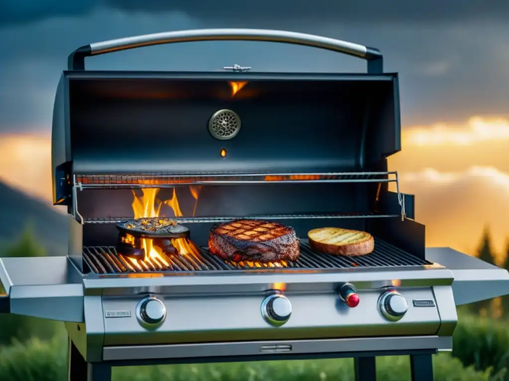 Asador reluciente bajo el sol dorado, destacando su diseño detallado, mientras el cielo tormentoso enfatiza proteger asador clima extremo