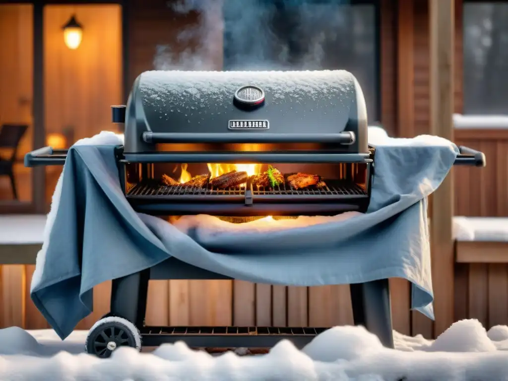 Un asador resistente protegido en clima extremo con icicles y nieve cayendo a su alrededor