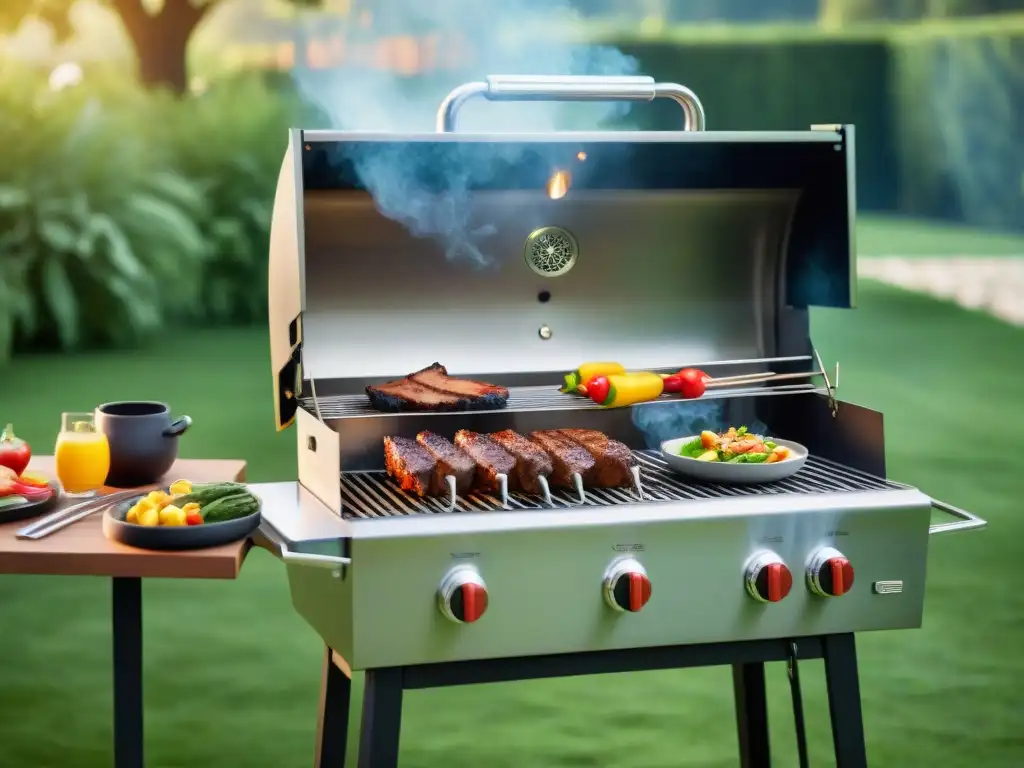 El asador reluce bajo el sol en un jardín exuberante, listo para una sesión de barbacoa perfecta