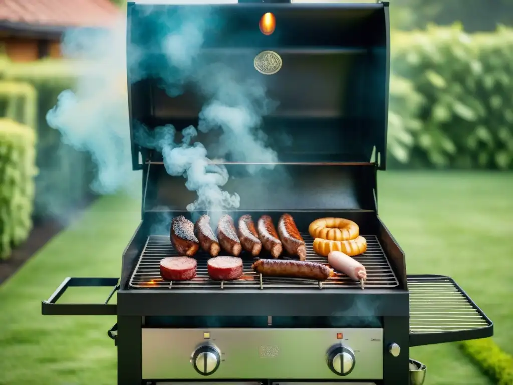 Barbacoa perfecta: arte de ahumar carnes en parrilla Un asador tradicional con humo envolvente y una variedad de carnes asadas, en un patio verde soleado