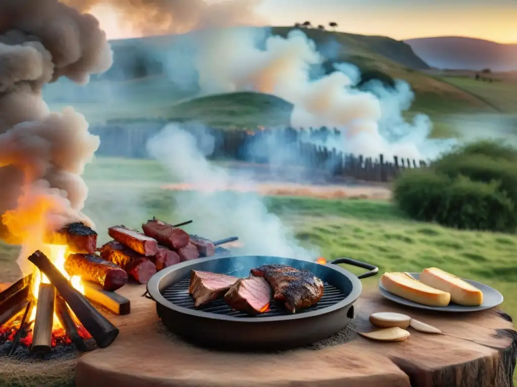 Un asador tradicional uruguayo en las Pampas, con gauchos asando carne al fuego