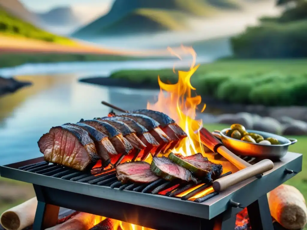 Un asador uruguayo preparando un asado tradicional junto al Río de la Plata al atardecer