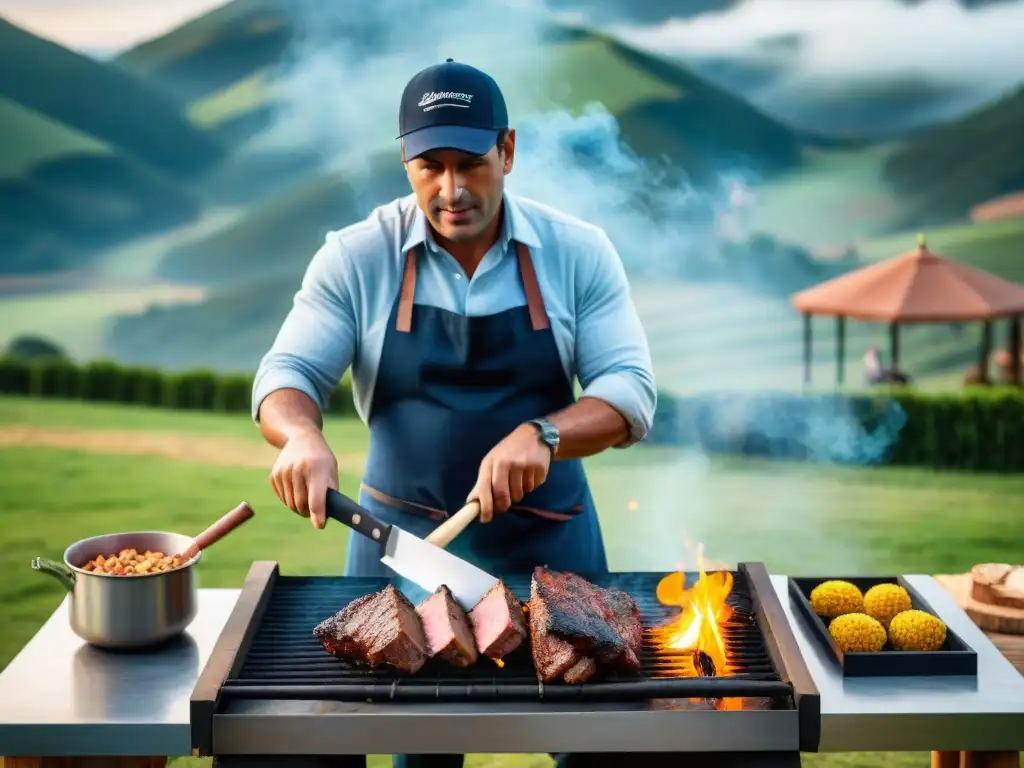 Un asador uruguayo certificado asando un tradicional asado sobre llamas, en un entorno campestre pintoresco