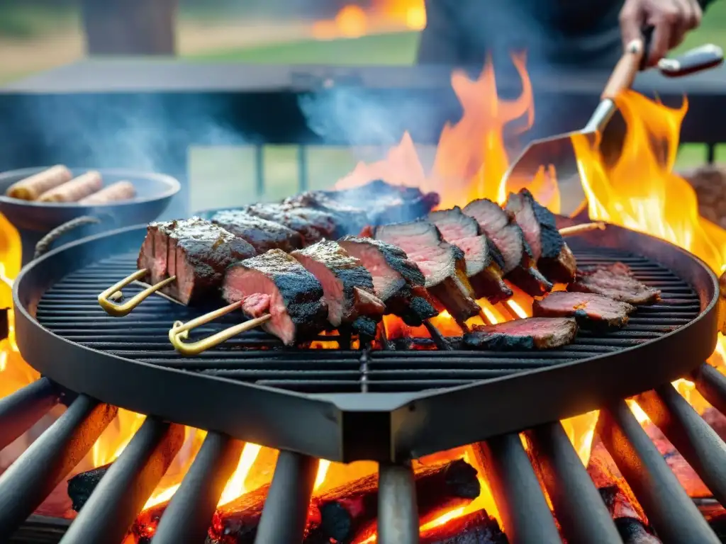 Un asador uruguayo experto cuida las carnes en la parrilla, rodeada de brasas