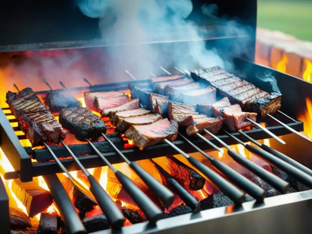 Un asador uruguayo experto cuida cortes de carne sobre brasas, mostrando técnicas de asado uruguayo tradicionales